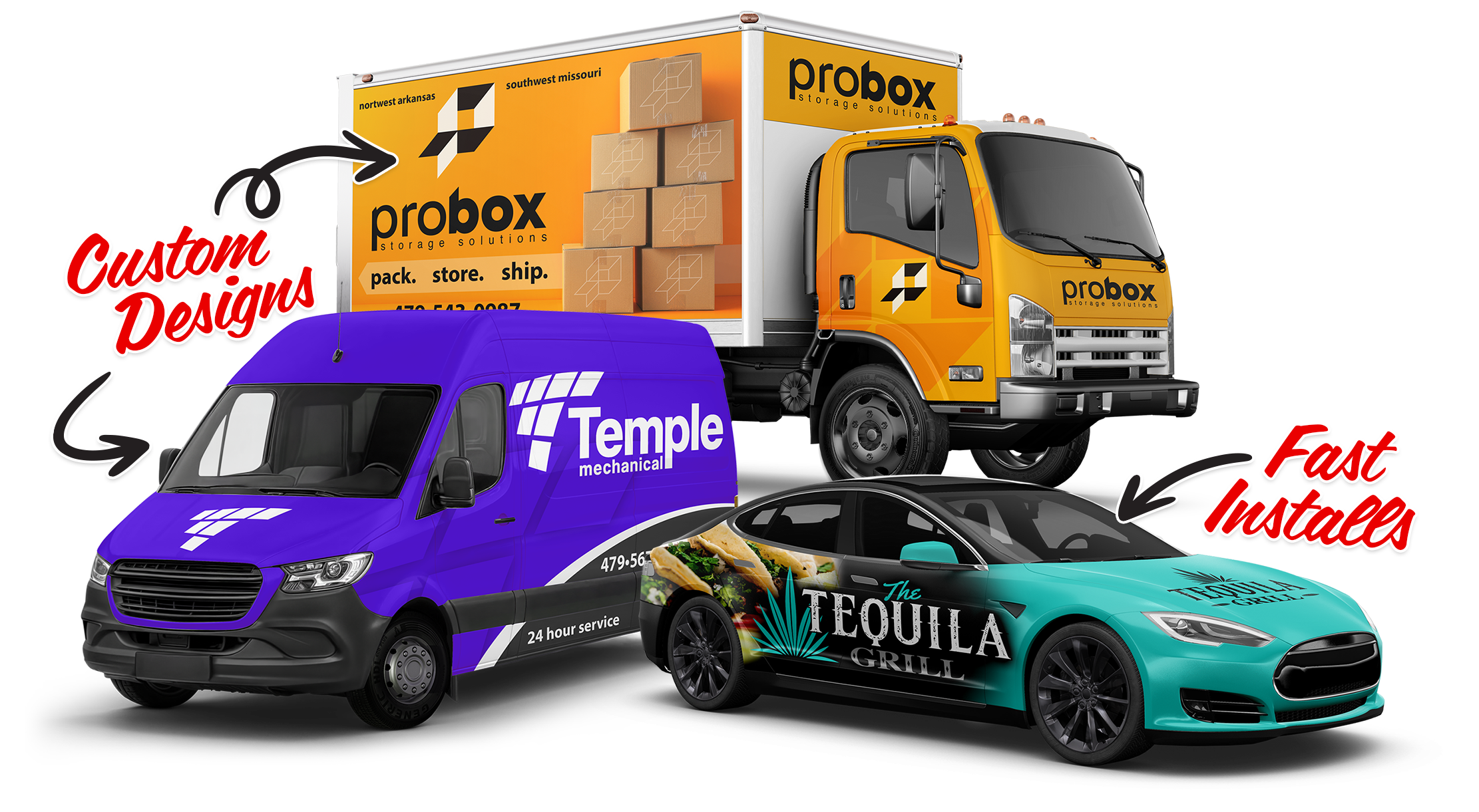 Three commercial wrapped vehicles. Box truck at top, van at lower left and car lower right. All with business related graphics.